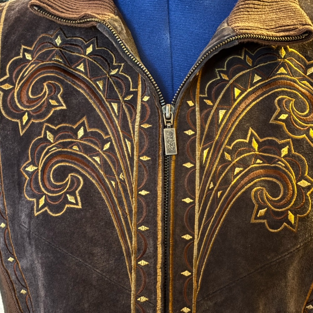 Bob Mackie Vintage Brown Leather Jacket with Gold Embroidery Size Small - Picture 3 of 12